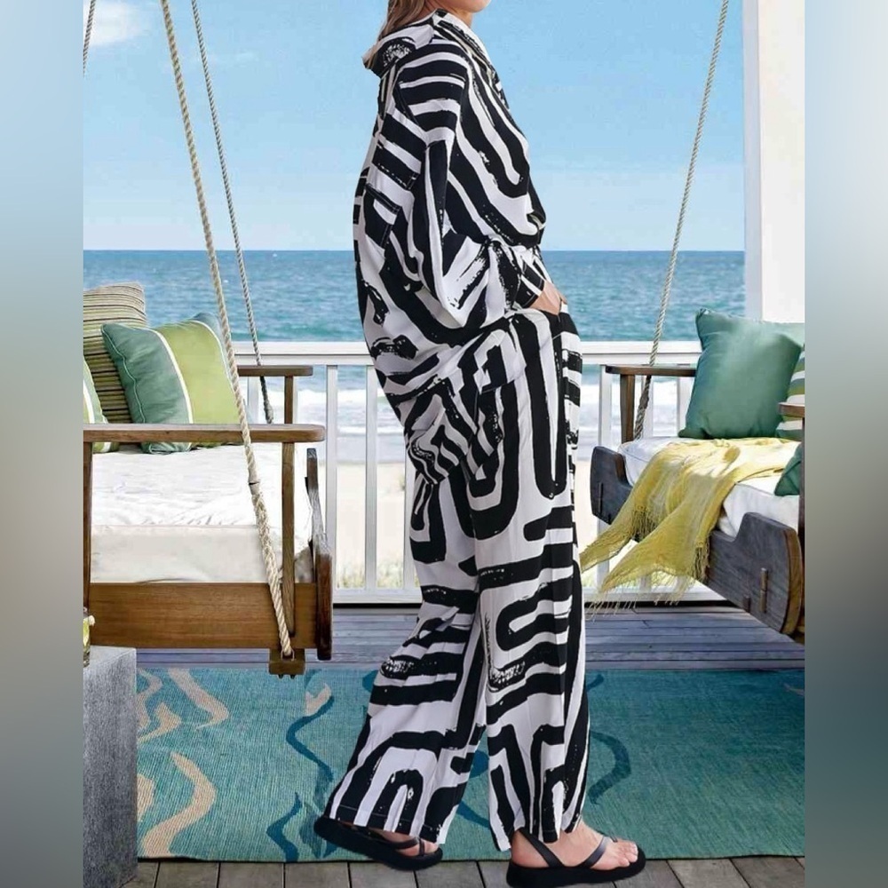 Casual Loose Fit Striped Shirt & Trouser Pants Drop Shoulder Top Two-Pie… - Picture 2 of 3